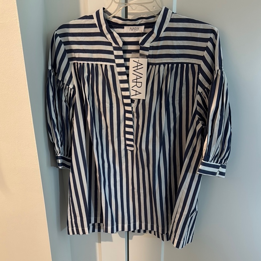 AVARA Navy and White Striped Peasant Blouse